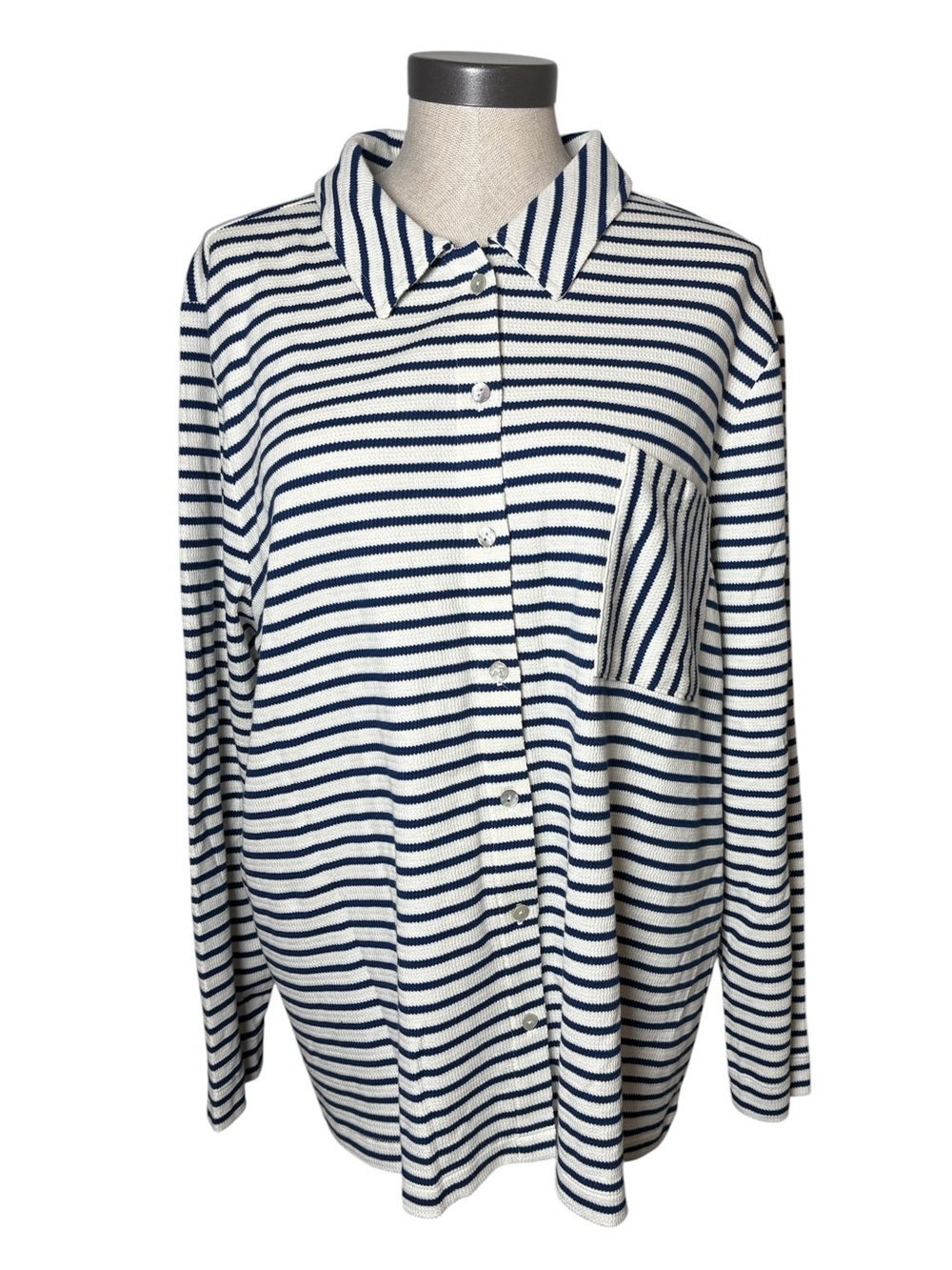 J. Jill Navy White Striped Waffle Knit Button Front Shirt Cotton